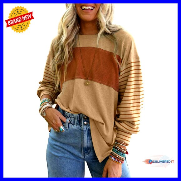 Oversized Long Sleeve Tunic Top Color Block Chic Casual Trendy Round Neck